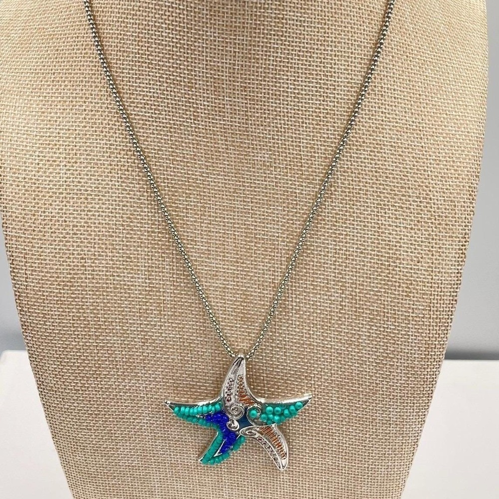 Vintage Chicos Starfish Necklace Silver Tone Blue Teal Beaded Coastal Nautical